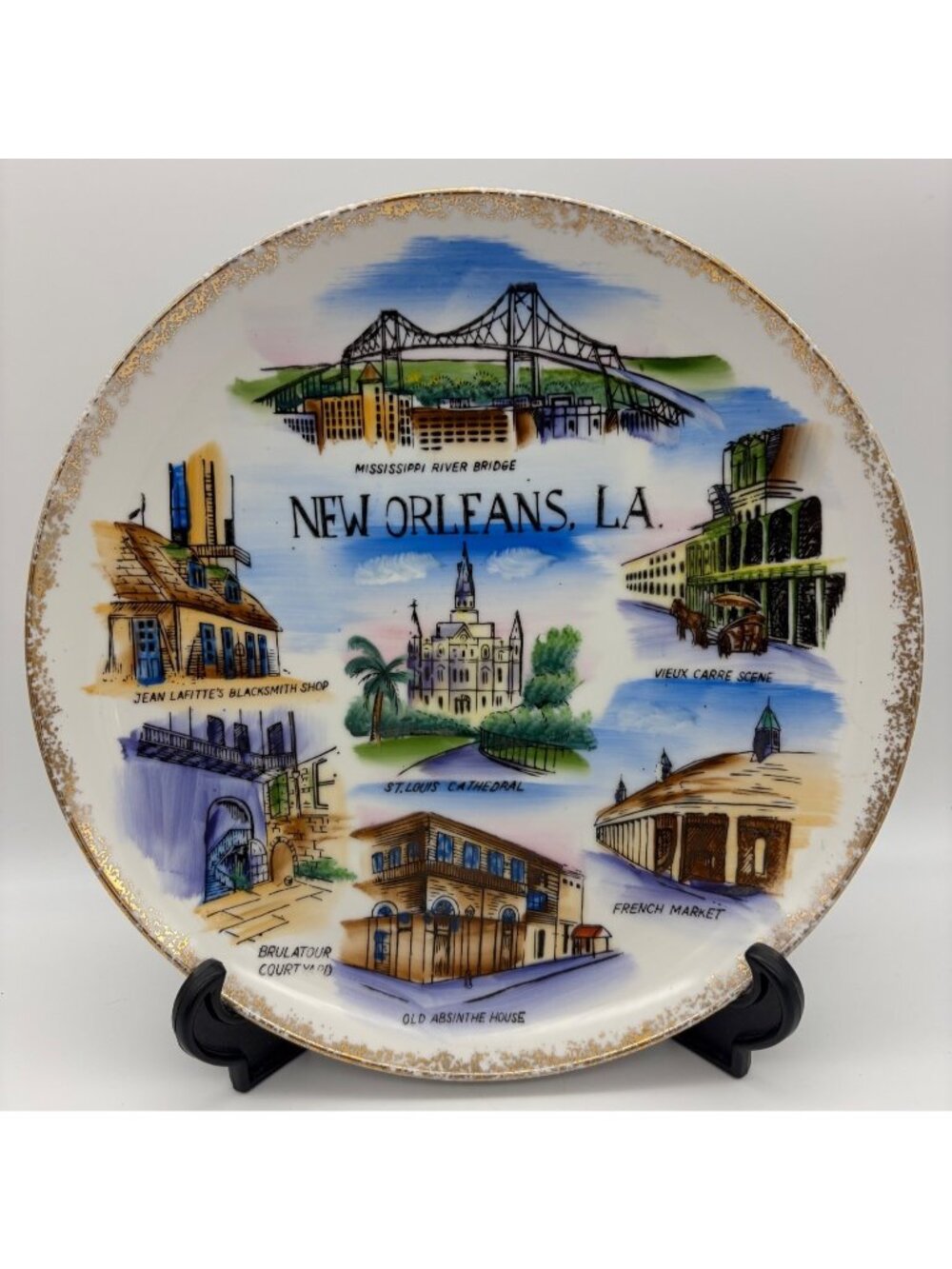 Vintage New Orleans LA Souvenir Plate Victoria Ceramics Japan Gold Trim 10 Inch